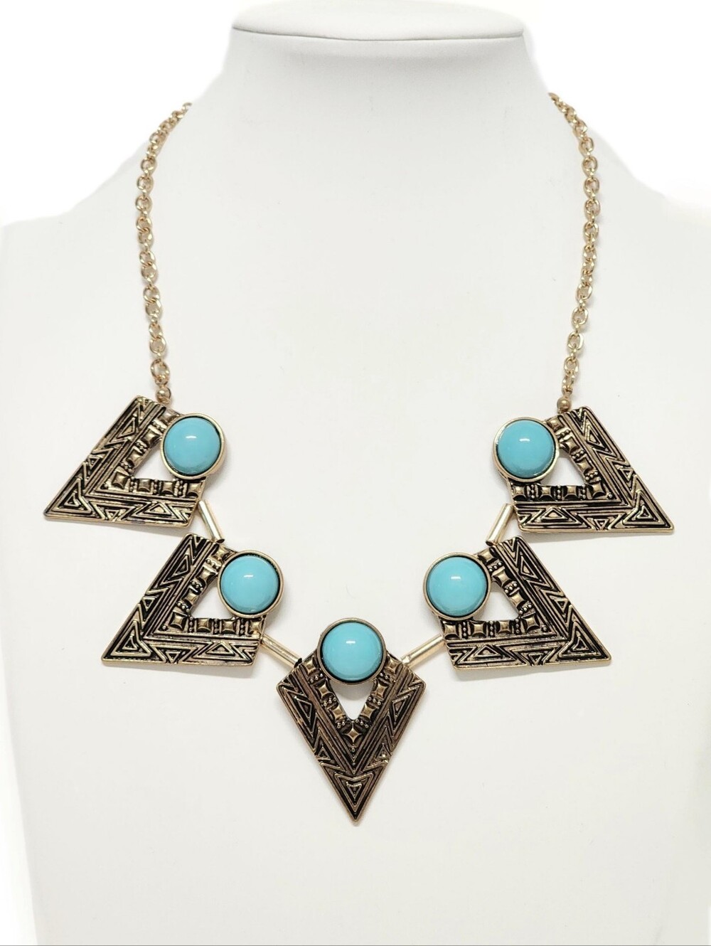 ETC! Turquoise Stone Tribal Antiqued Gold Geometric Statement Necklace